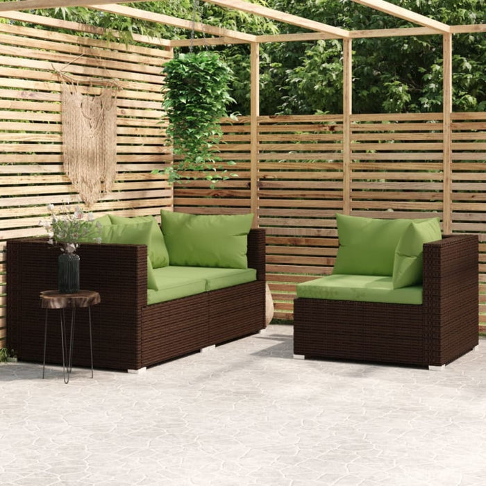 3 Piece Garden Lounge Set with Cushions Brown Poly Rattan