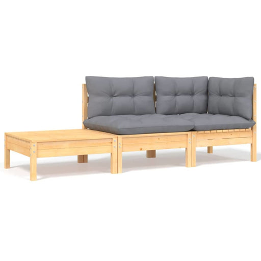 3 Piece Garden Lounge Set with Grey Cushions Solid Pinewood