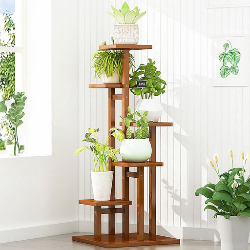 5 Tiers Vertical Bamboo Plant Stand Staged Flower Shelf