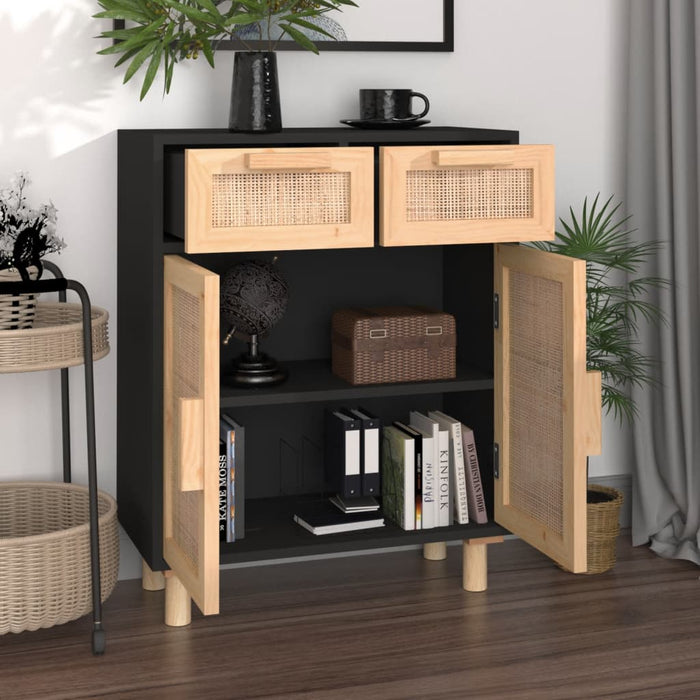 Sideboard Black 60x30x75 cm Solid Wood Pine and Natural Rattan TAPLTI