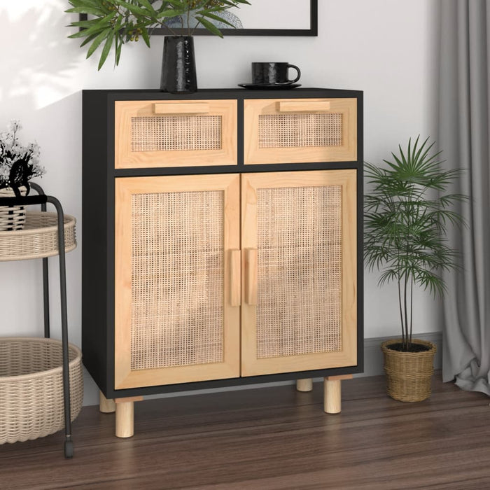 Sideboard Black 60x30x75 cm Solid Wood Pine and Natural Rattan TAPLTI