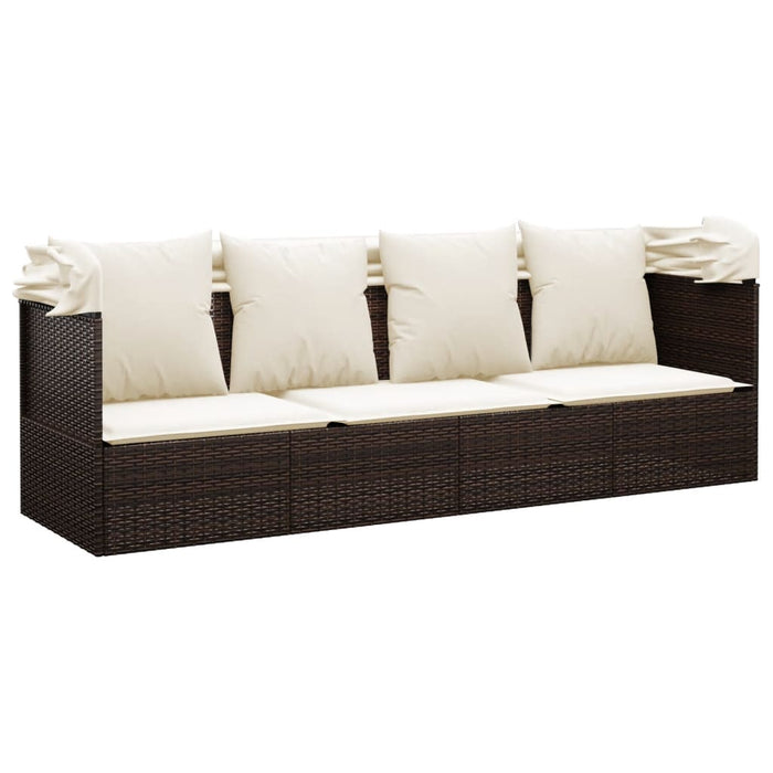 Outdoor Lounge Bed with Roof and Cushions Brown Poly Rattan TOKPLI