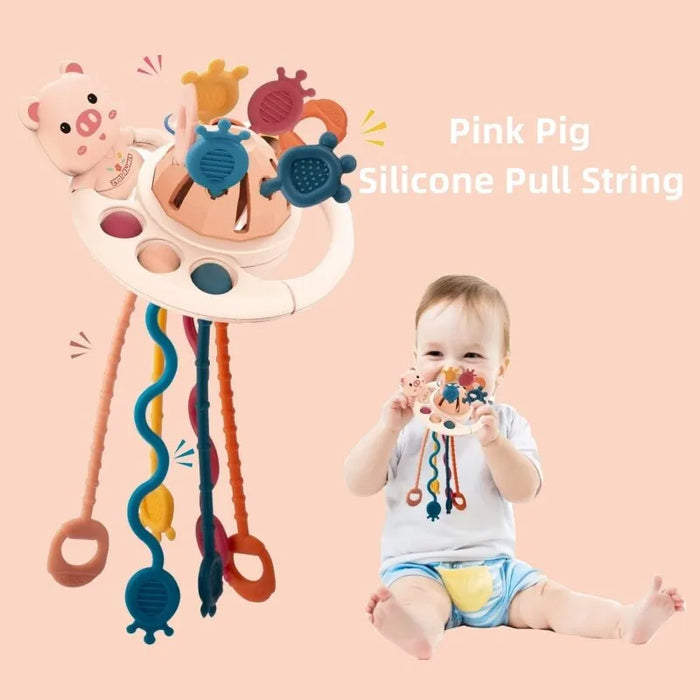 5 In 1 Pink Pig Silicone Pull String Baby Teething Montessori Sensory Toy For Stroller