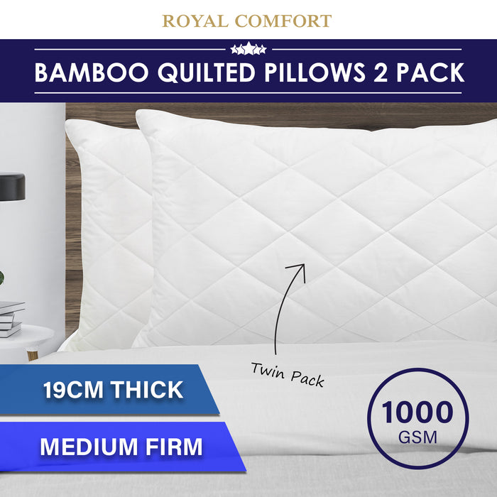 Luxury Bamboo Blend Quilted Pillow Twin Pack Extra Fill Support