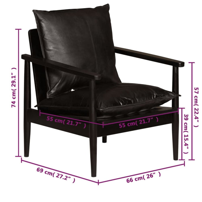 Armchair Black Real Leather With Solid Wood Acacia Xalano