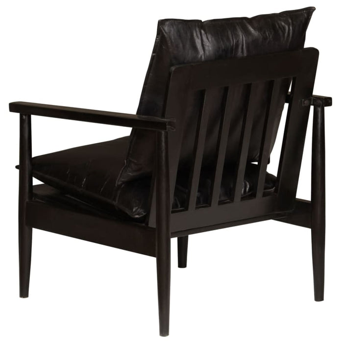 Armchair Black Real Leather With Solid Wood Acacia Xalano