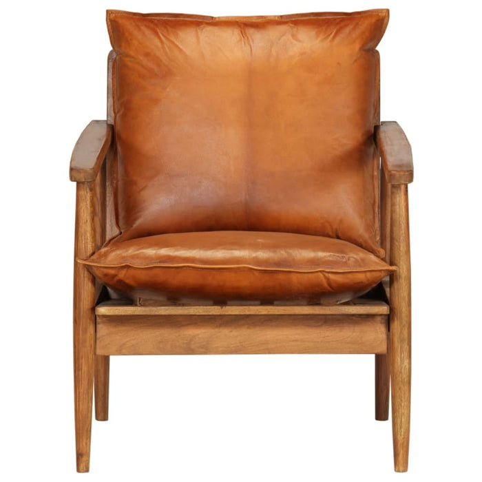 Armchair Brown Real Leather with Acacia Wood Gl8536