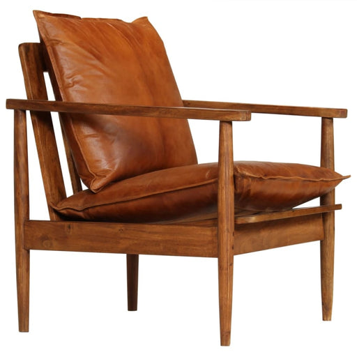 Armchair Brown Real Leather With Acacia Wood Gl8536