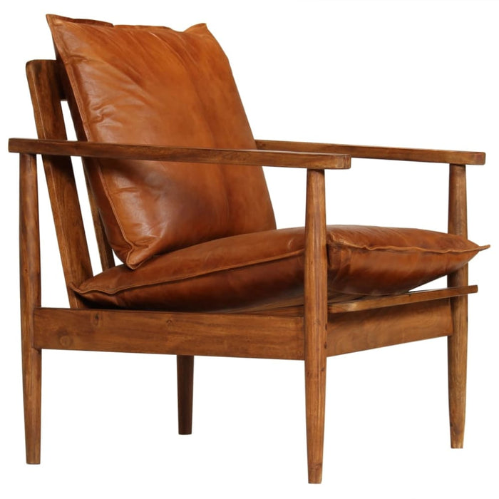 Armchair Brown Real Leather with Acacia Wood Gl8536