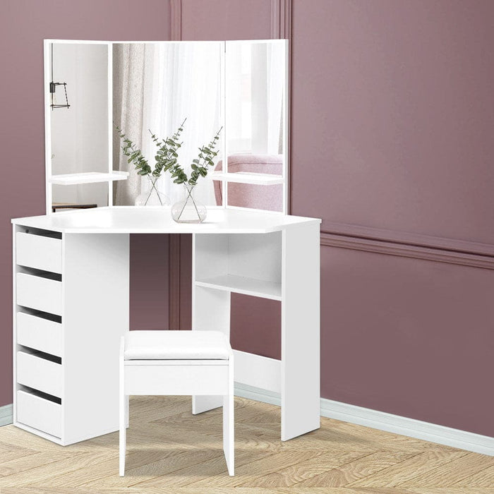 Artiss Corner Dressing Table with Mirror Stool White