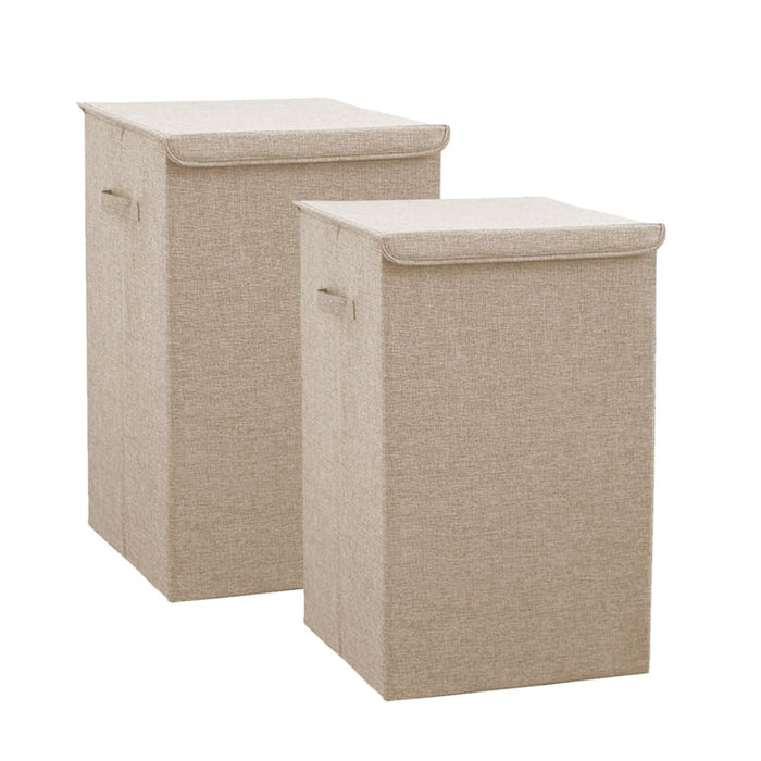 2x Beige Medium Collapsible Laundry Hamper Storage Box
