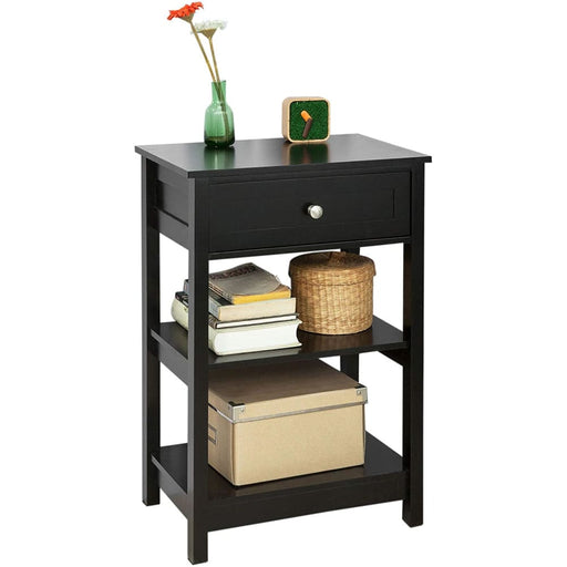 Black Bedside Table With 1 Drawer And 2 Shelves
