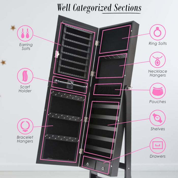 Black Mirror Jewellery Cabinet Lowe 146cm Organiser 2