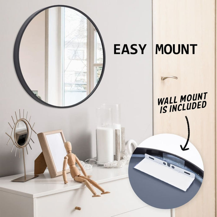 Black Wall Mirror Round Aluminum Frame Makeup Decor