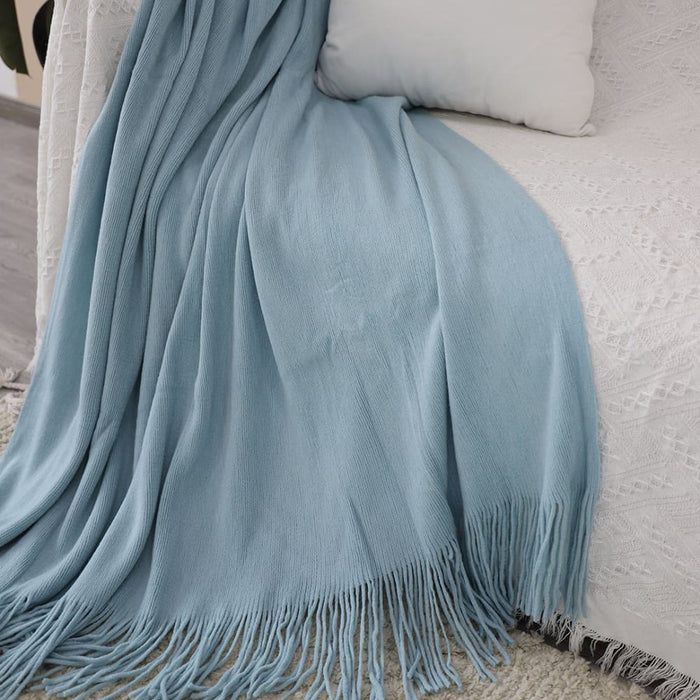 2x Sky Blue Acrylic Knitted Throw Blanket Solid Fringed Warm