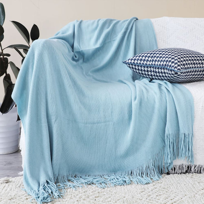 2x Sky Blue Acrylic Knitted Throw Blanket Solid Fringed Warm