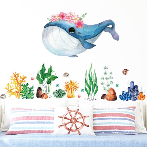 Blue Whale Fish with Underwater Seaweeds Wall Sticker