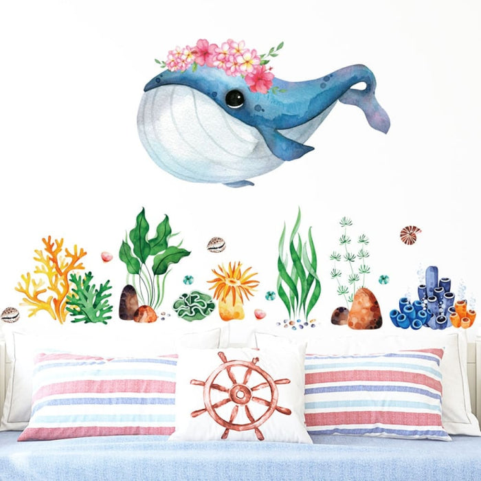Blue Whale Fish with Underwater Seaweeds Wall Sticker