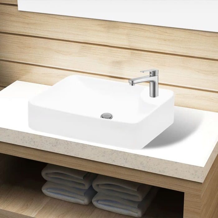Ceramic Bathroom Sink Basin with Faucet Hole White Oaokta