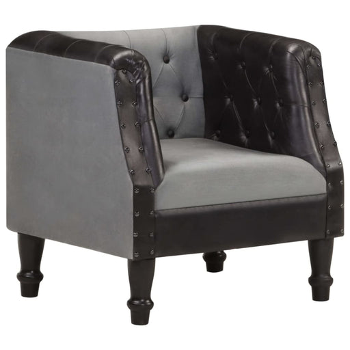 Tub Chair Black Real Leather And Solid Mango Wood Gl91866