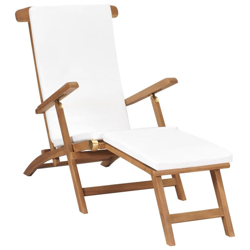 Deck Chair with Cushion Cream White Solid Teak Wood Aiabn