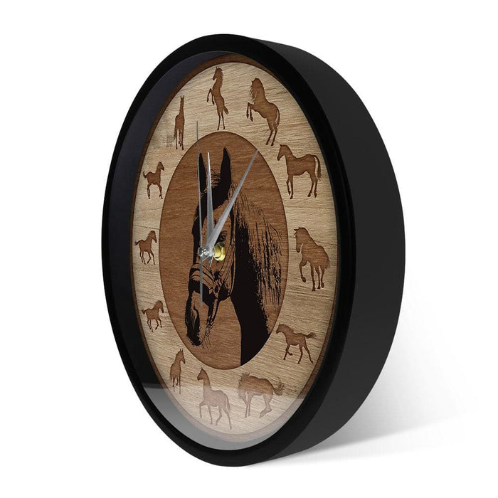 Farmhouse Style Horse Silhouettes Wall Clock Wood Grain