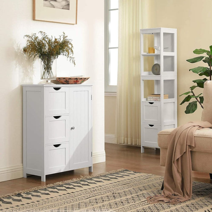 Floor Cabinet With 3 Drawers And Adjustable Shelf White