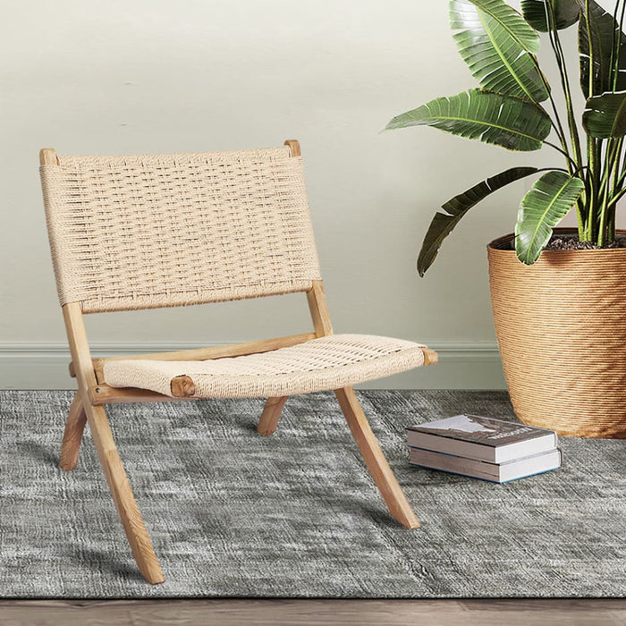 Foldable Single Deck Chair Solid Ash Wood Kraft Rope Paper