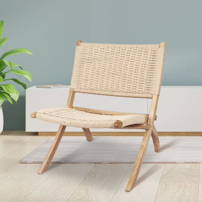 Foldable Single Deck Chair Solid Ash Wood Kraft Rope Paper