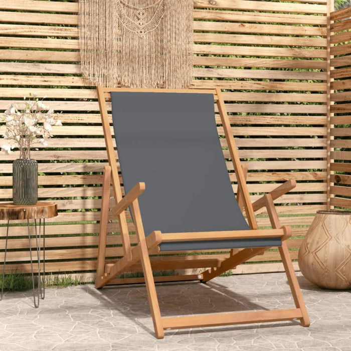 Folding Beach Chair Solid Wood Teak Grey Toilkn