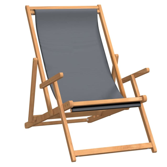 Folding Beach Chair Solid Wood Teak Grey Toilkn