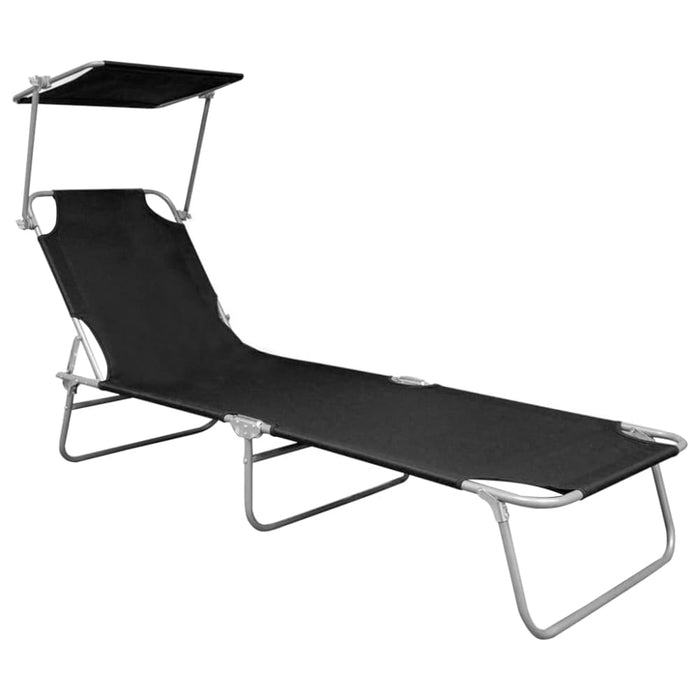 Folding Sun Lounger with Canopy Black Aluminium Aiiib