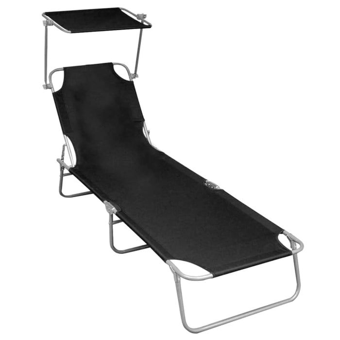 Folding Sun Lounger with Canopy Black Aluminium Aiiib