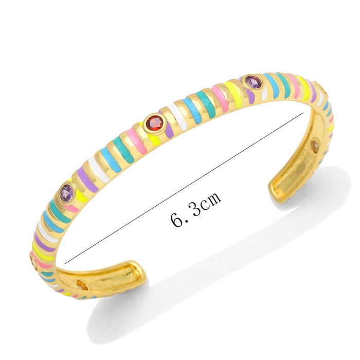 Gold Plated Stripe Enamel Cuff Bangles With Clear Crystal