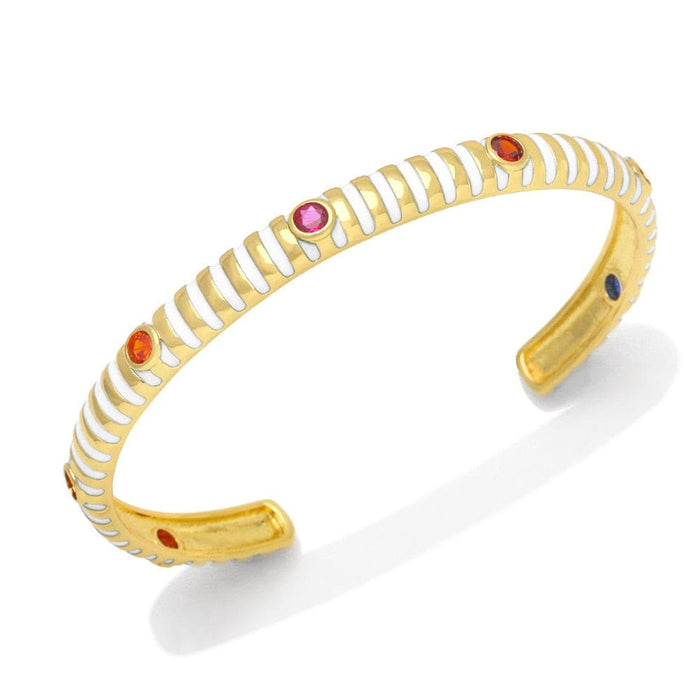 Gold Plated Stripe Enamel Cuff Bangles With Clear Crystal
