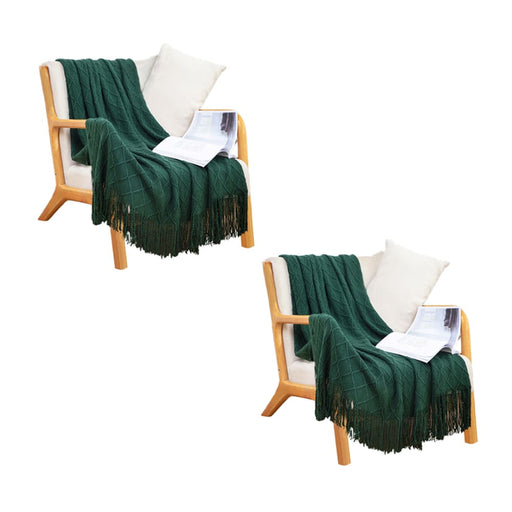 2x Green Diamond Pattern Knitted Throw Blanket Warm Cozy
