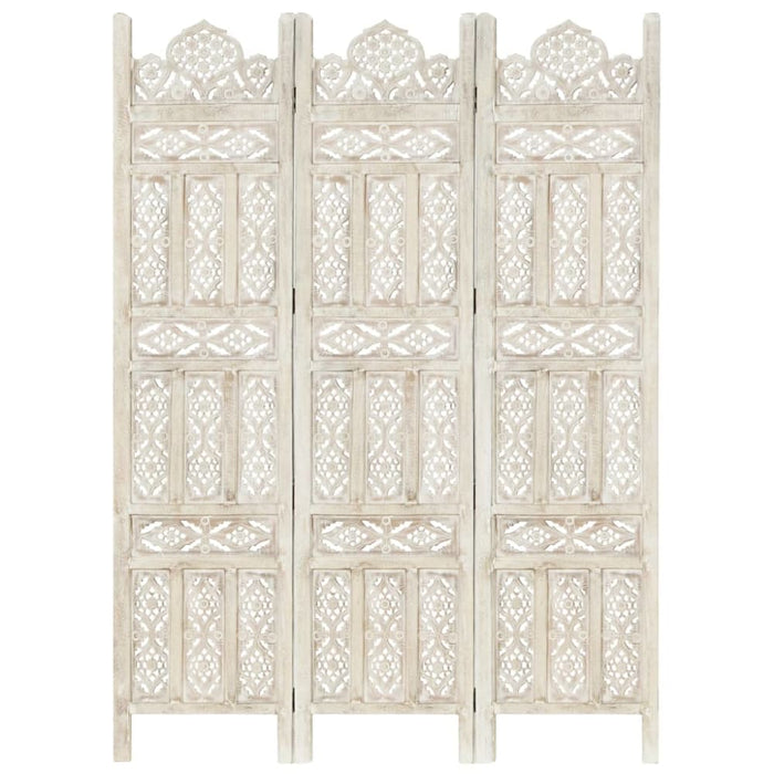 Hand Carved 3-panel Room Divider White 120x165 Cm Solid