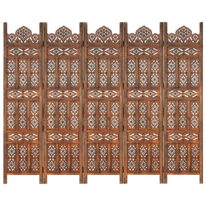 Hand Carved 5-panel Room Divider Brown 200x165 Cm Solid