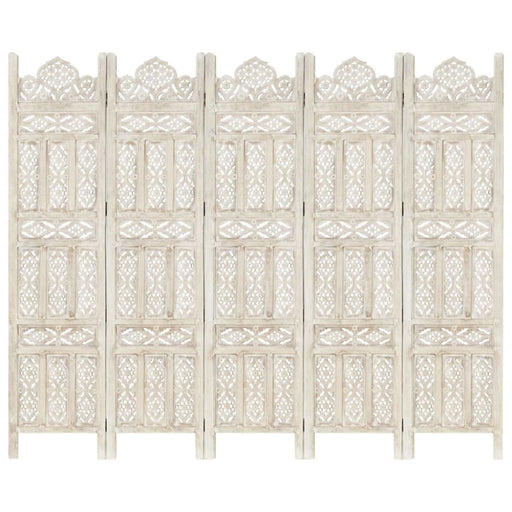 Hand Carved 5 - panel Room Divider White 200x165 Cm Solid