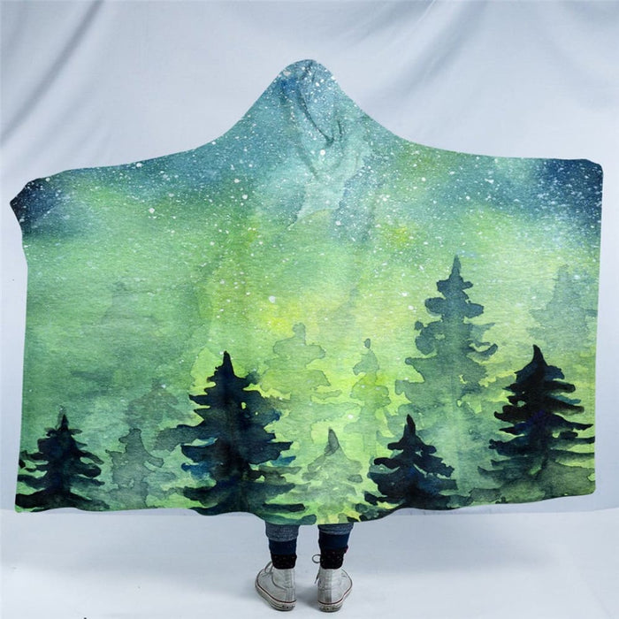 Hooded Blanket Coniferous Tree Sherpa Fleece Wearable Foggy