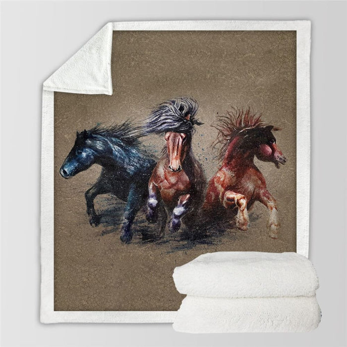 Horses Sherpa Throw Blanket3d Dusty Lightning Printed