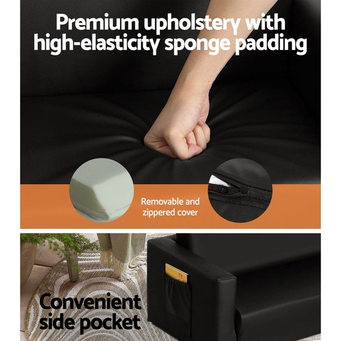 Kids Convertible Sofa 2 Seater Black Pu Leather Children