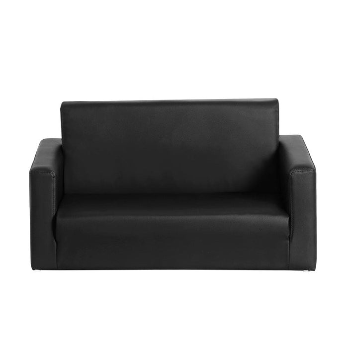 Kids Convertible Sofa 2 Seater Black Pu Leather Children