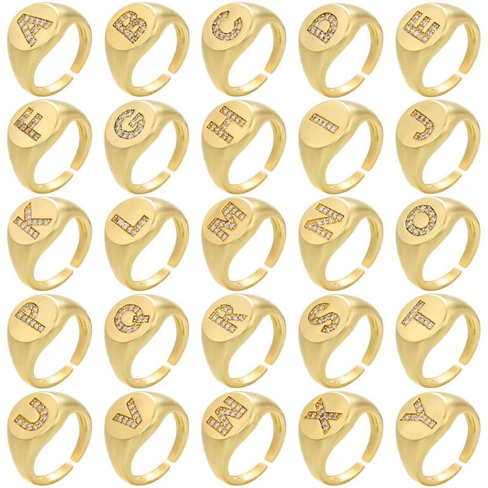 A - z Letter Gold Colour Metal Finger Rings Adjustable