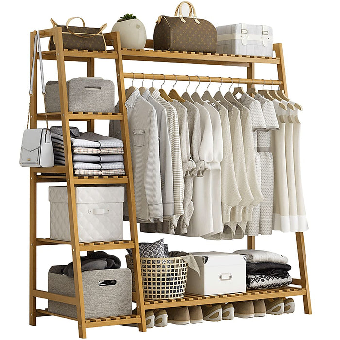 Portable Clothes Rack Coat Garment Stand Bamboo Rail Hanger