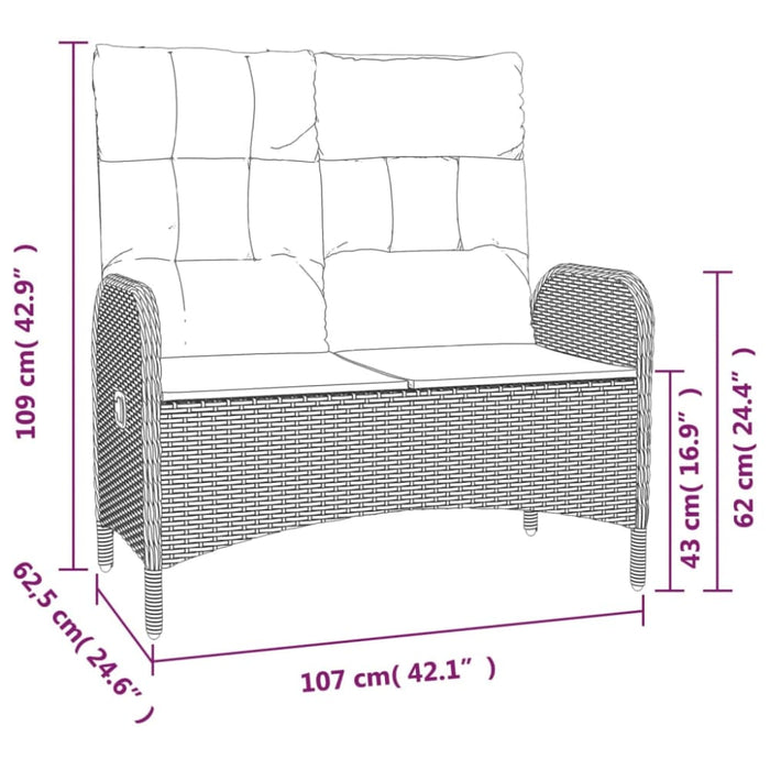 Reclining Garden Bench with Cushions 107 Cm Poly Rattan