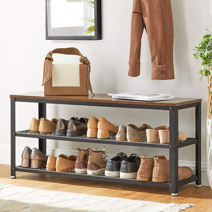 Shoe Bench Rack With 2 Shelves Rustic Brown And Black