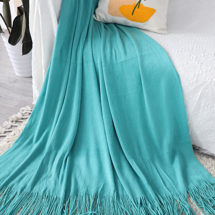 2x Teal Acrylic Knitted Throw Blanket Solid Fringed Warm