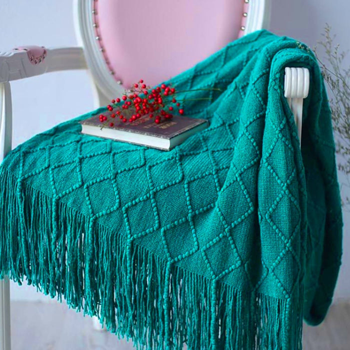 2x Teal Diamond Pattern Knitted Throw Blanket Warm Cozy