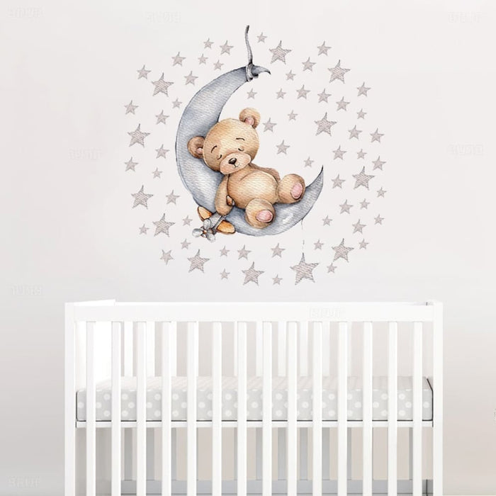 Teddy Bear Sleeping on the Moon and Stars Wall Stickers